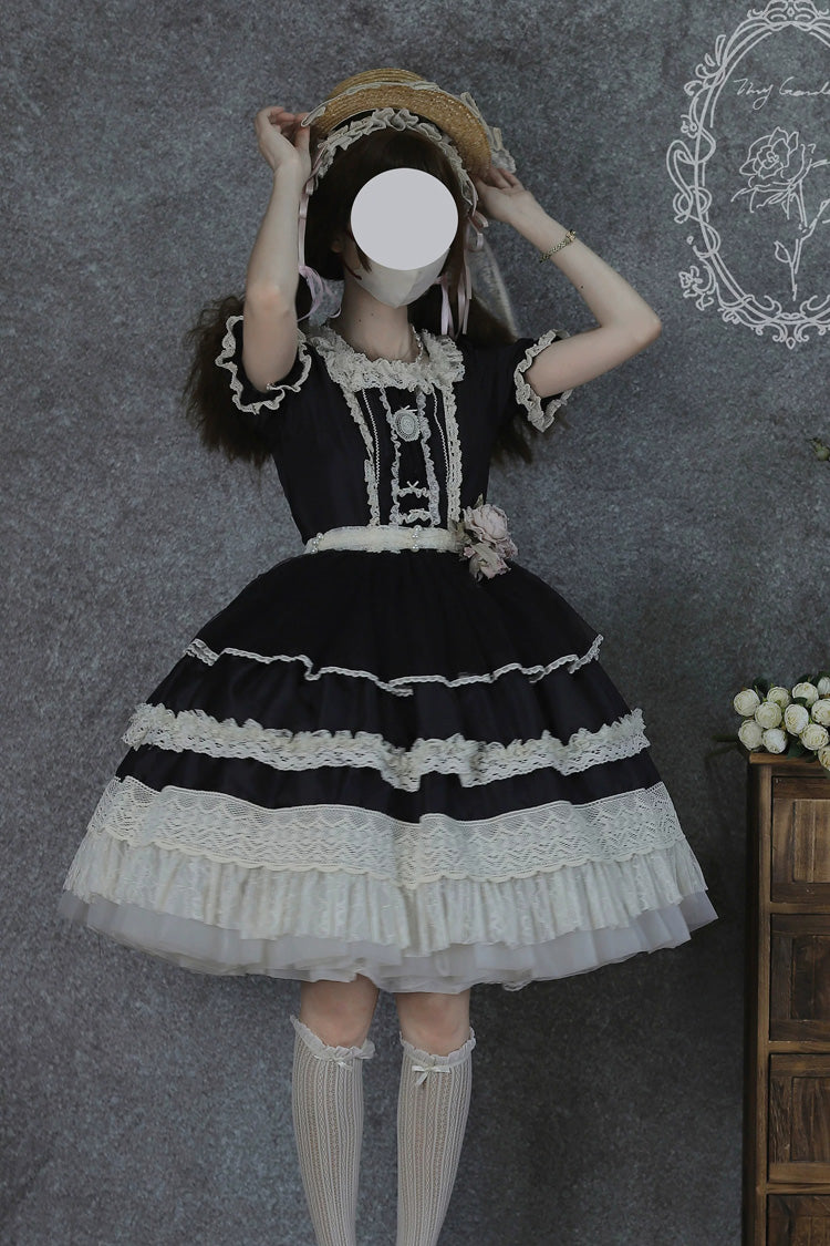 Noir Square Neck Short Sleeve Lace Pearl Sweet Dress - Vintage Ball 3.0