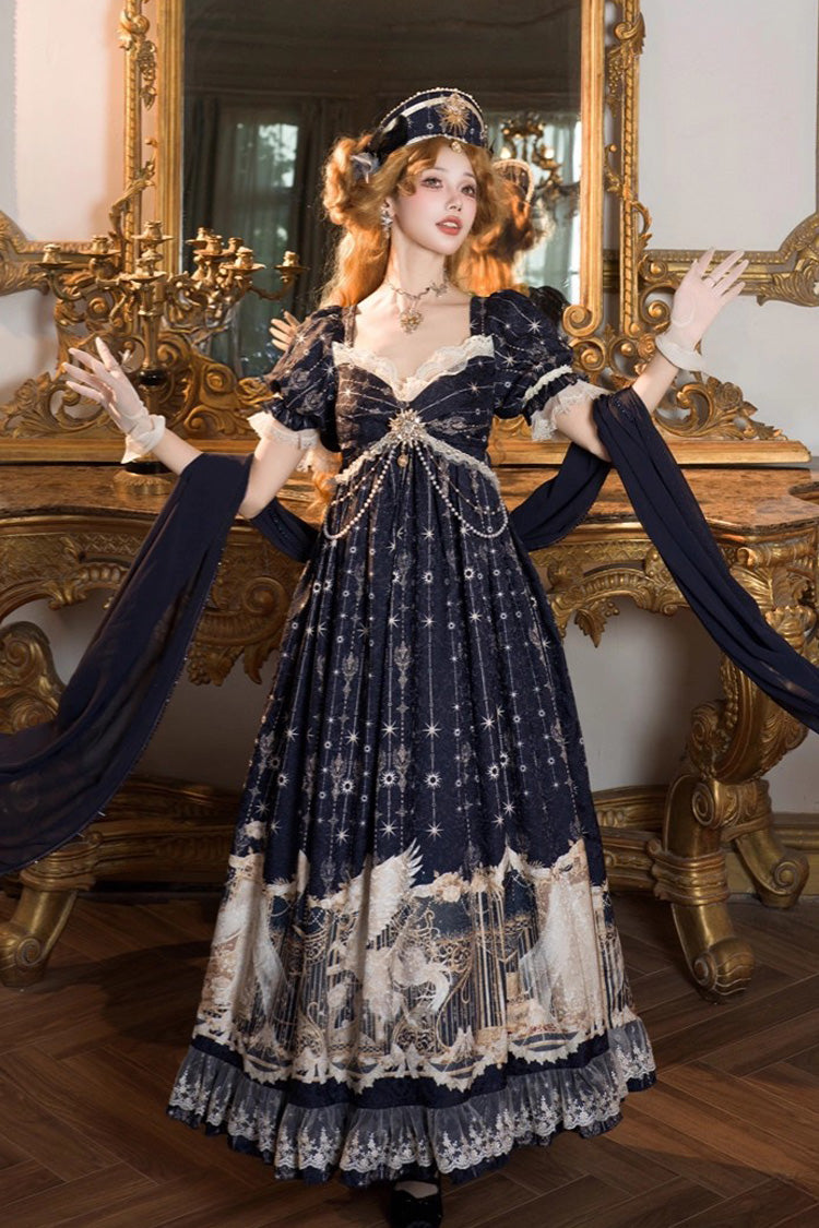 Unicorn V-Neck Short Sleeve Empire Print Bow Lace Elegant Lolita Gown
