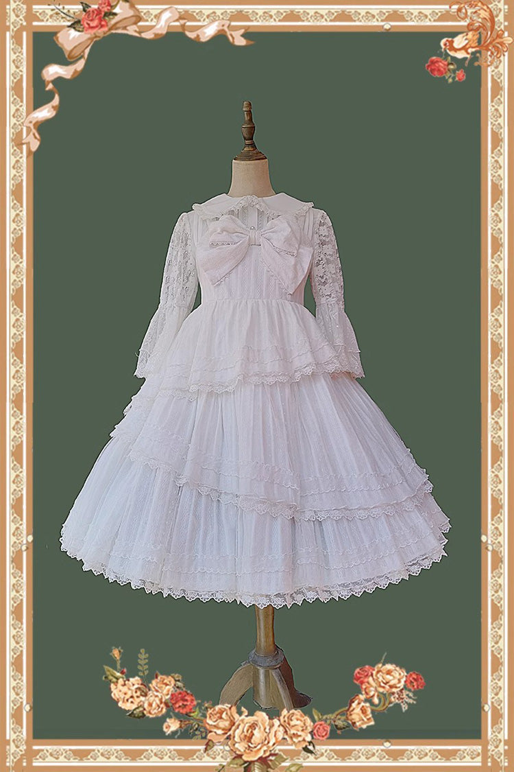 White Sweet Lolita Dress with Tower of Dawn Bowknot and Ruffled Sleeveless
