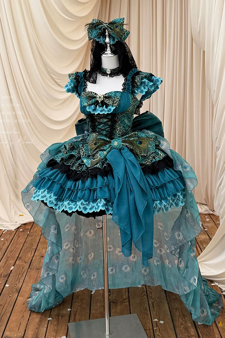 Peacock Spirit Princess Multi-Layered Ruffled Bow Lace-Up Classic JSK