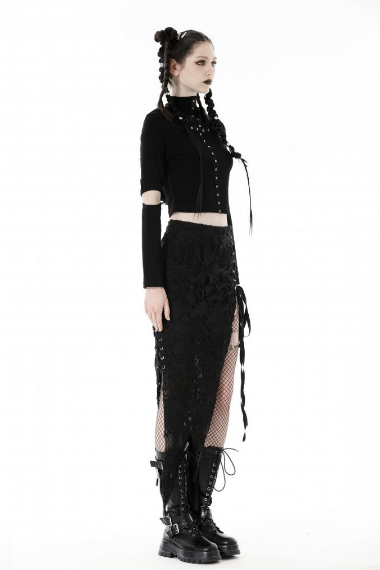 Raven Cross Eyelet Cut-Out Punk Crop Top with Ripped Hood for Women