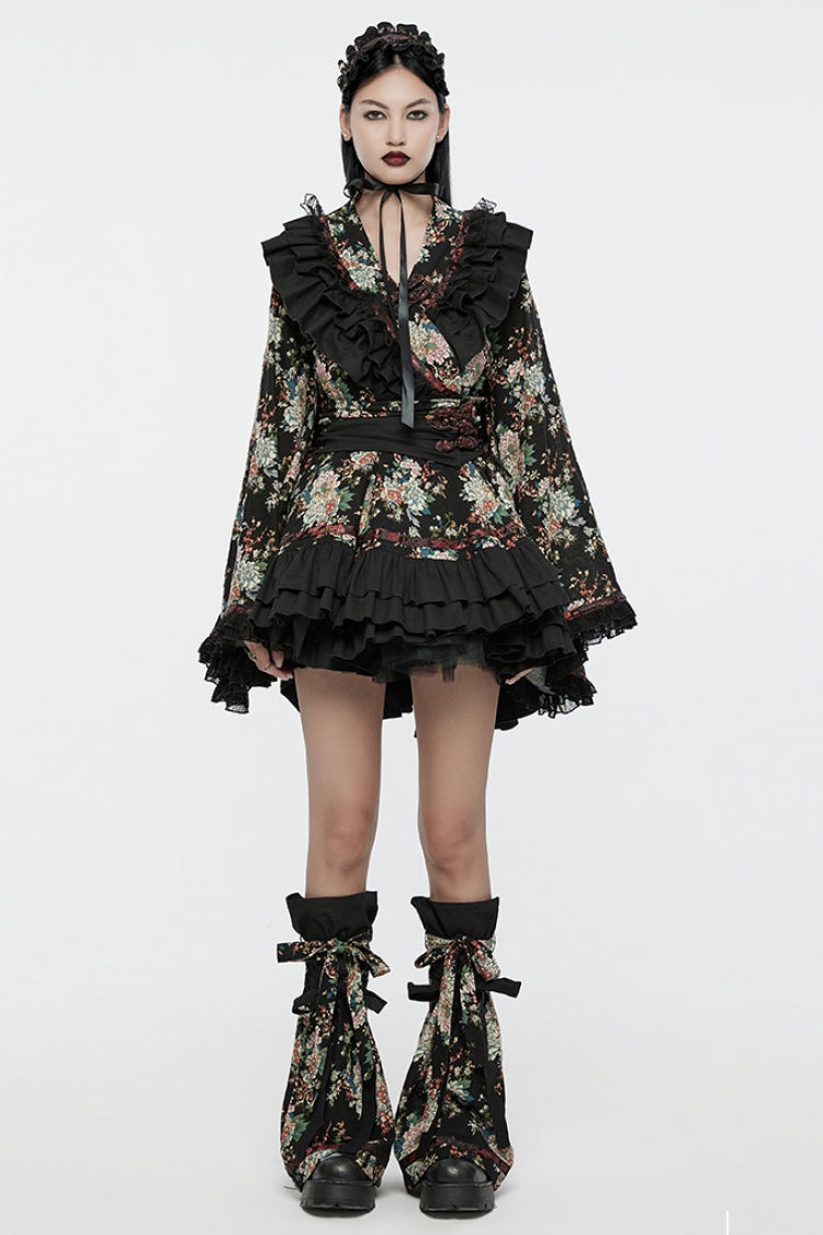 Charcoal Long Sleeve Floral Print Ruffle Gothic Kimono Dress Set