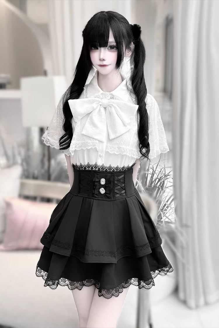 Gothic Embroidered Ruffled Top and Skirt Set with Lace-Up - Dark Moon Shadow