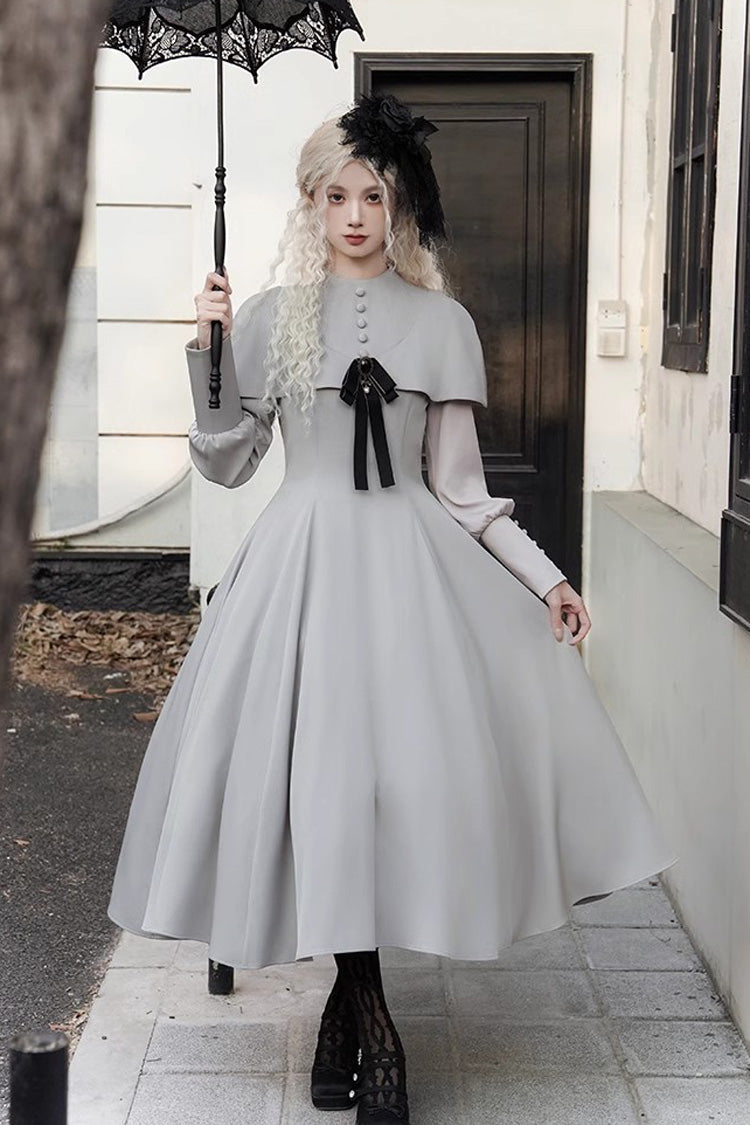 Gothic Elegant Lolita Dress with Slim Fit, Long Sleeves, Grey Thirteenth Evening