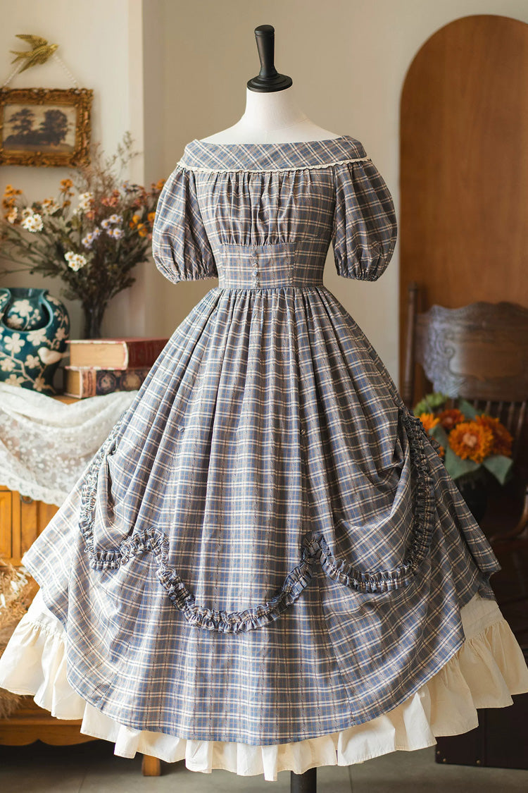 Vintage Elegant Lolita Dress with Boat Neck, Short Sleeves, Ruffled Hem, Grey/Blue
