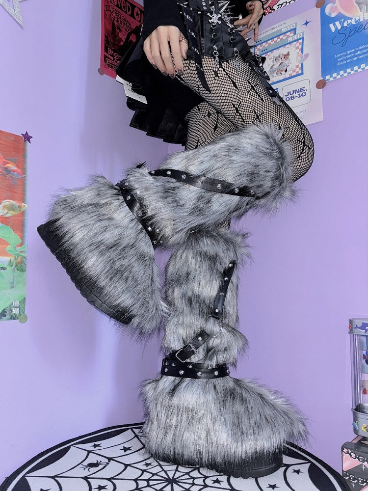 Yellow White Gray Strap Shaggy LegWarmers