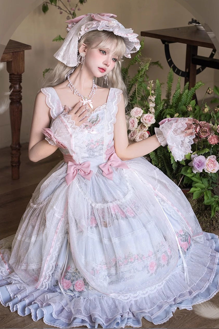 Rose Flower Cage Printed Ruffled Bow Sweet Elegant JSK