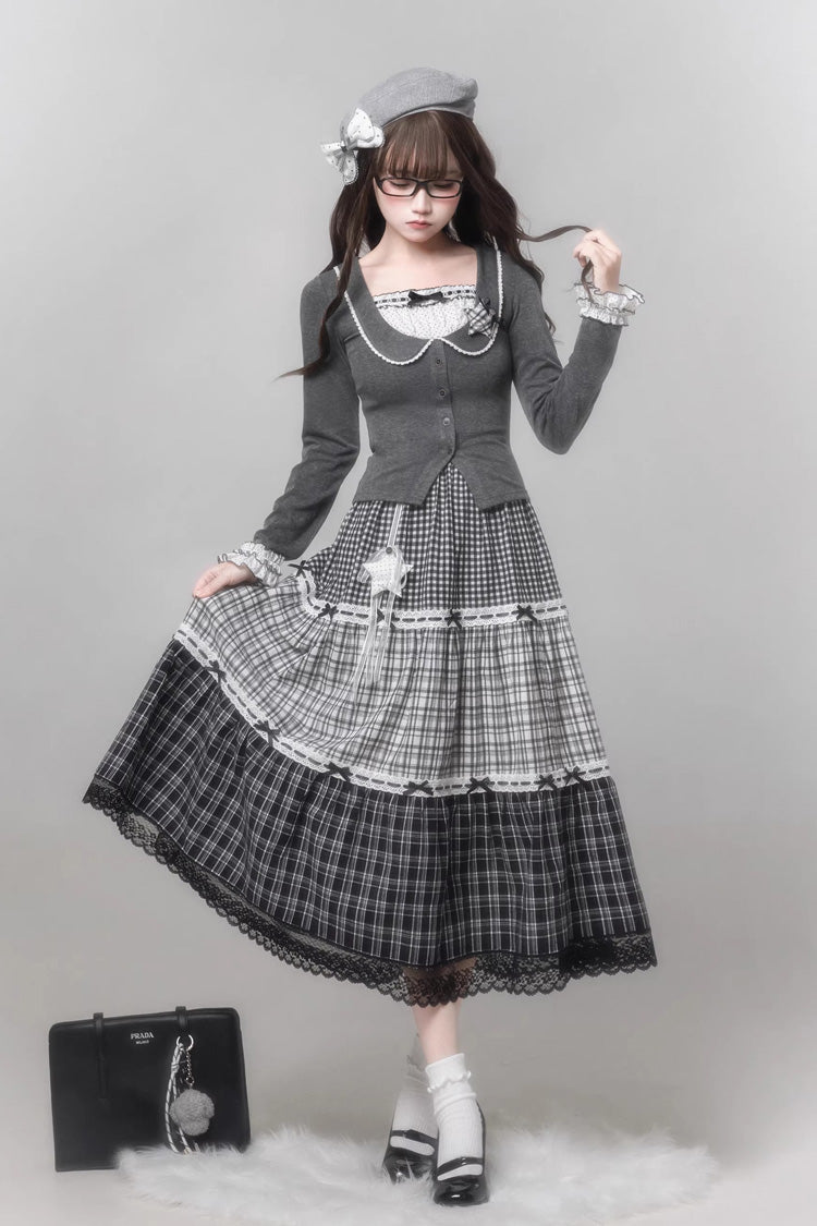 Sweet Lolita Skirt Set with Square Collar, Cut-Out Lace, Star Print, Grey