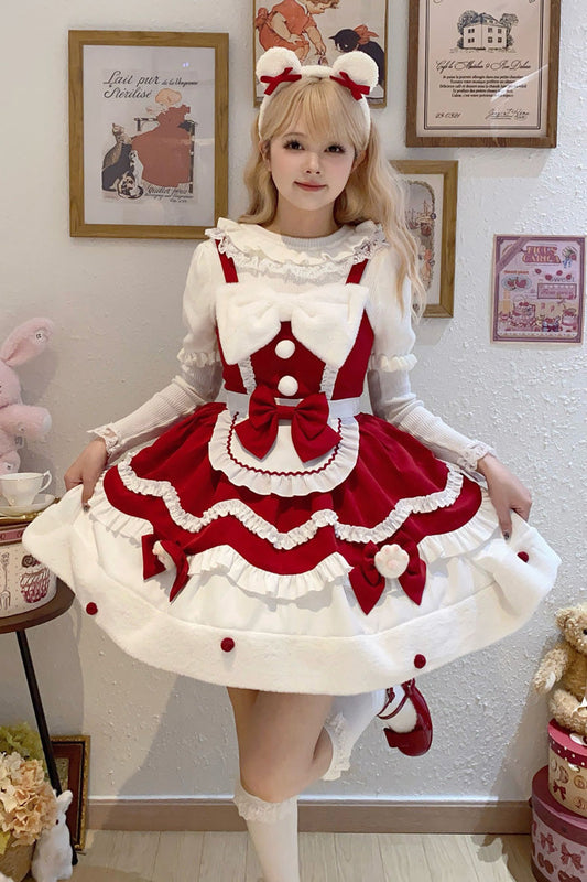 Winter Ruffle Bowknot Sweet JSK Dress in 3 Shades - Cream Snow Cat