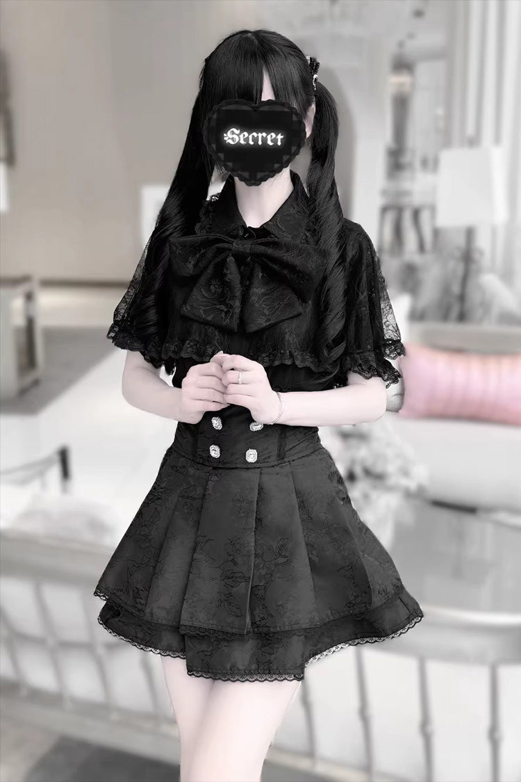 Gothic Embroidered Ruffled Top and Skirt Set with Lace-Up - Dark Moon Shadow