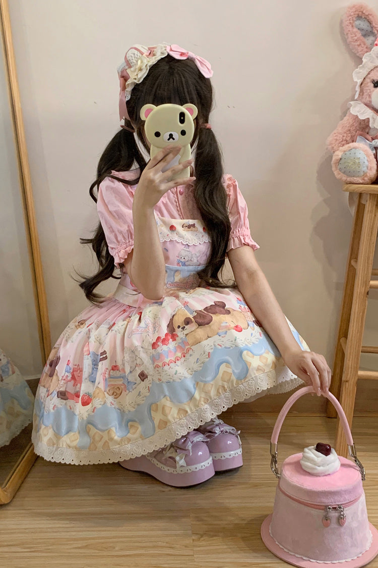 Party Print Bowknot Stitching Lace JSK Dress - Cream - Tri-Color