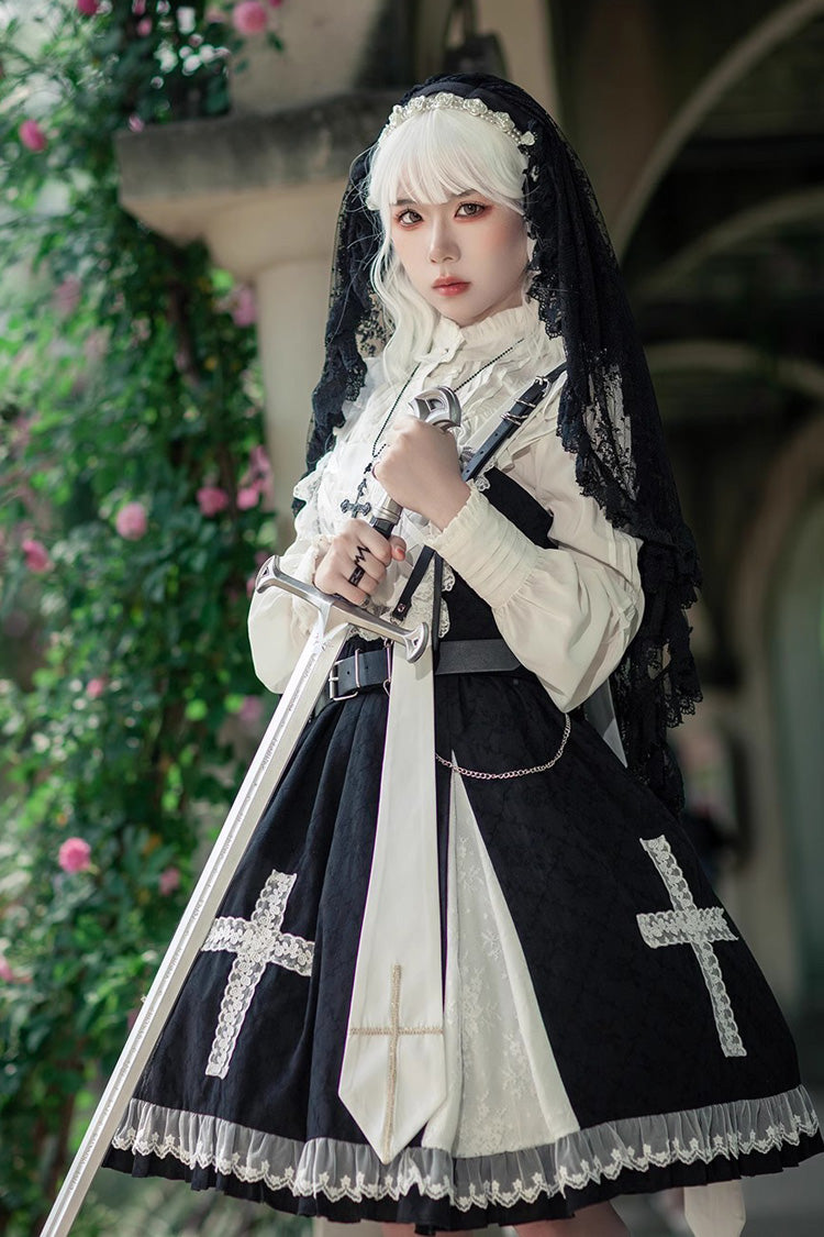 Black Gothic Lolita Dress with Cross Print and Ruffled Sleeveless