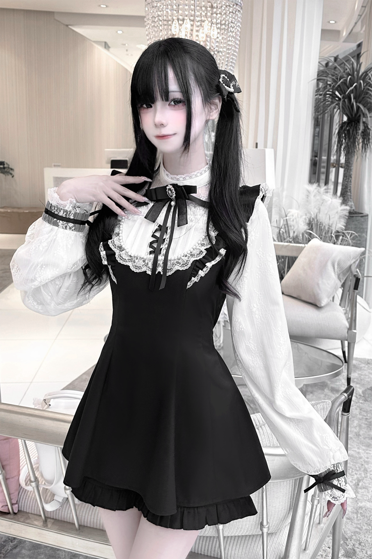 First Love Contract Bow-Trim Lace Gothic Streetwear Dress Ensemble with Four Variations