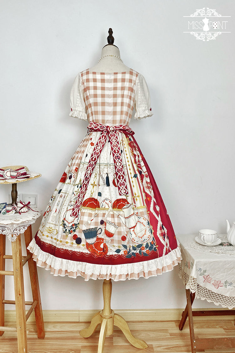 Crimson Tea Party Short Sleeve Printed Ruffled Bow Lace Sweet Elegant Lolita Gown