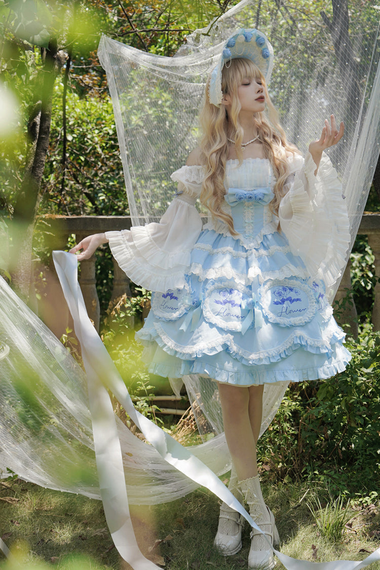 Blue Butterfly Dream Print Ruffled Bowknot Sweet Princess Lolita JSK