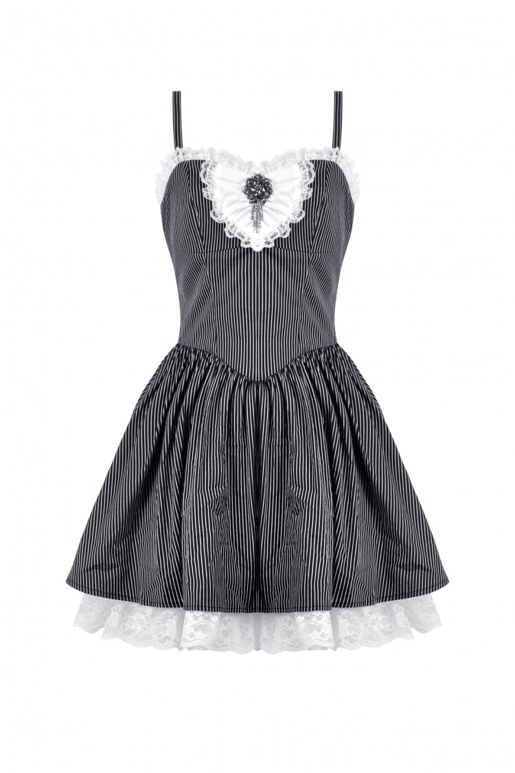 Monochrome Gothic Lolita Slip Dress with Pinstripes and Lace-Up Details