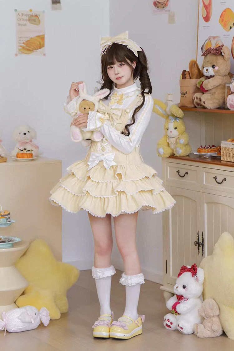 Yellow Nostalgic Showa Custard Cream Puff Sleeveless Triple-Layered Ruffled Bow Lace-Up Tiered Cake Sweet Jsk Dress