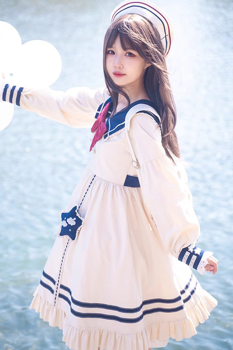 Navy Bowknot Ruffle Long Sleeve Lolita Dress