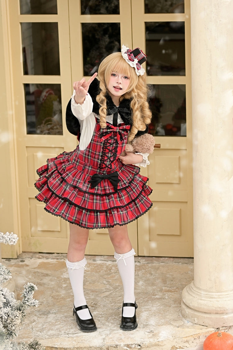 Red Velvet Cake Triple-Layered Printed Ruffled Bow Lace-Up Gothic Elegant Jsk Dress