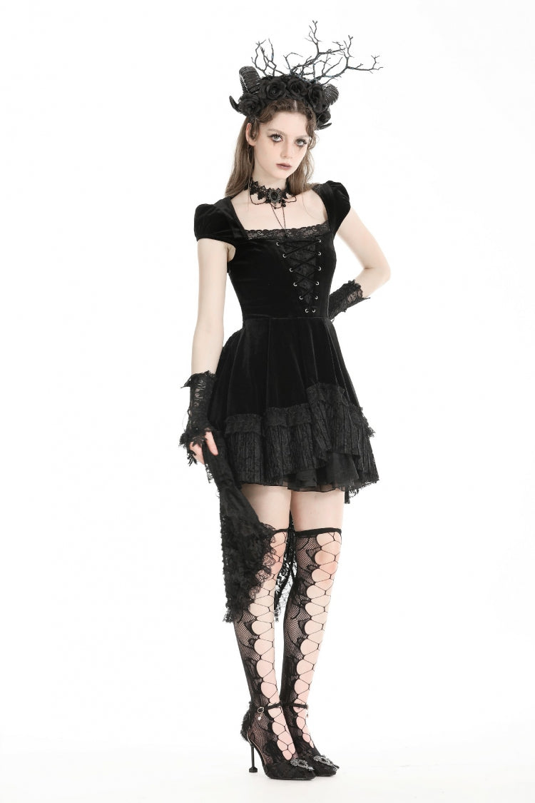 Noir Gothic Velvet Gown with Lace-Up and Square Neckline