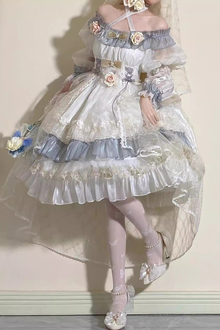 Princess Lolita Dress with Multi-Layer Ruffles, Bowknot, Lace-Up, Grey/Blue