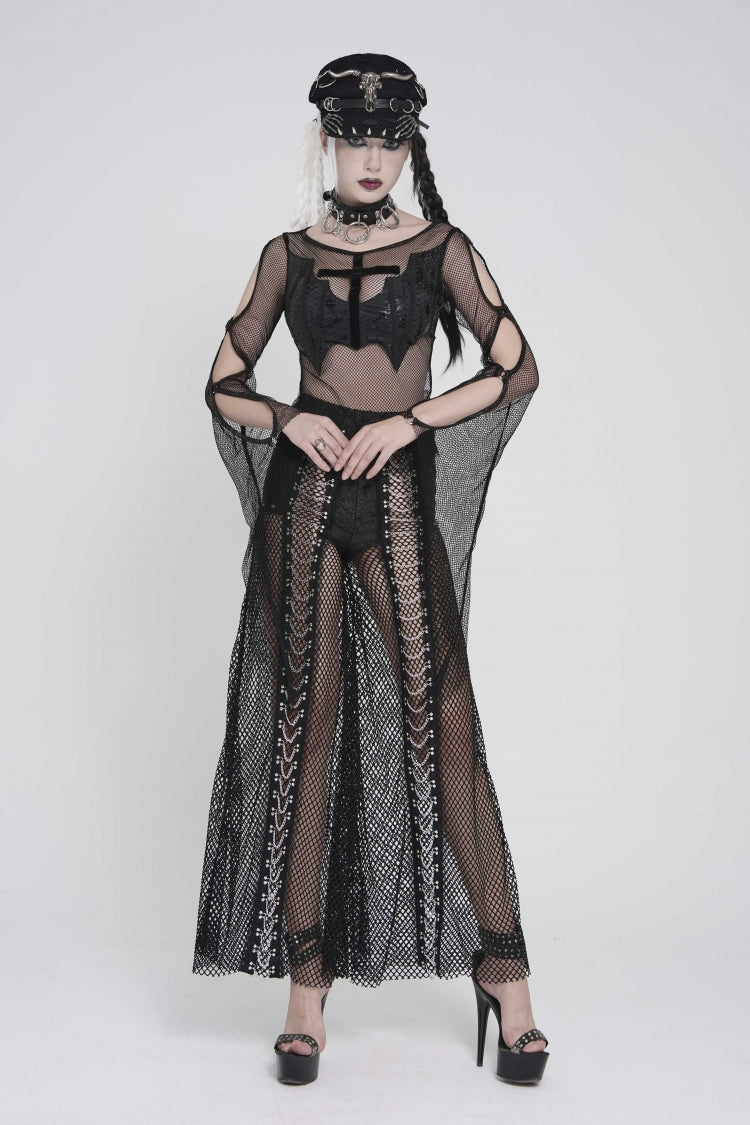 Noir Punk Trousers with Mesh Panels and Metal Studs