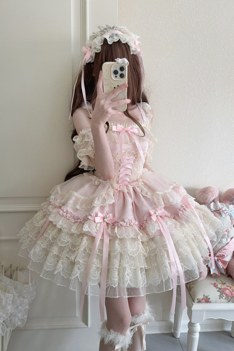 Rose Sleeveless Layered Ruffle Bow Lace Corset Ballet Jumper Dress - Ribbon Heart Love