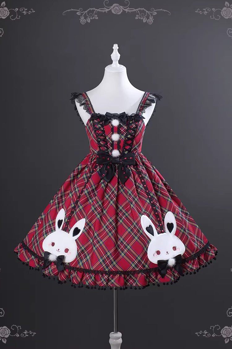 Red Witch Gargamel Square Collar Sleeveless Printed Ruffled Bow Lace-Up Gothic Jsk Dress