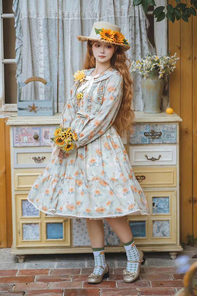 Green Sunflower Long Sleeve Floral Bow Elegant Lolita Dress