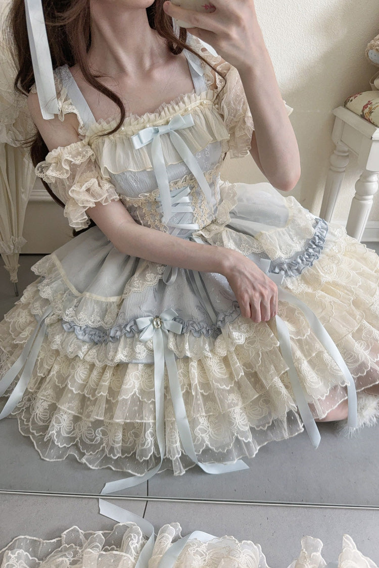 Azure Sleeveless Layered Ruffle Bow Lace Corset Ballet Jumper Dress - Ribbon Heart Love