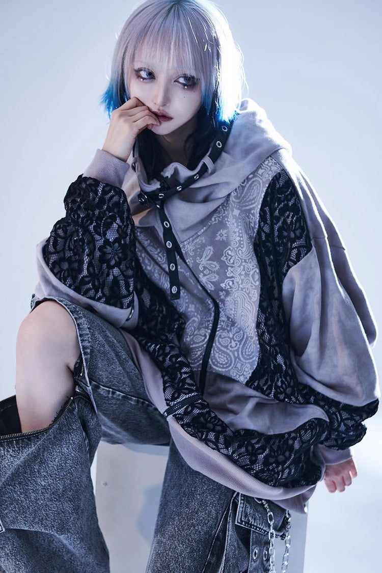 Color Blocking Long Sleeve Print Hooded Tie-Dyed Zipper Jirai Kei Coat