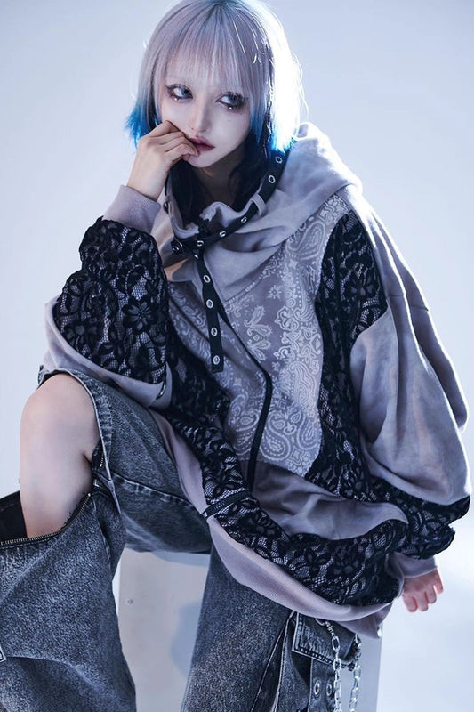 Color Blocking Long Sleeve Print Hooded Tie-Dyed Zipper Jirai Kei Coat