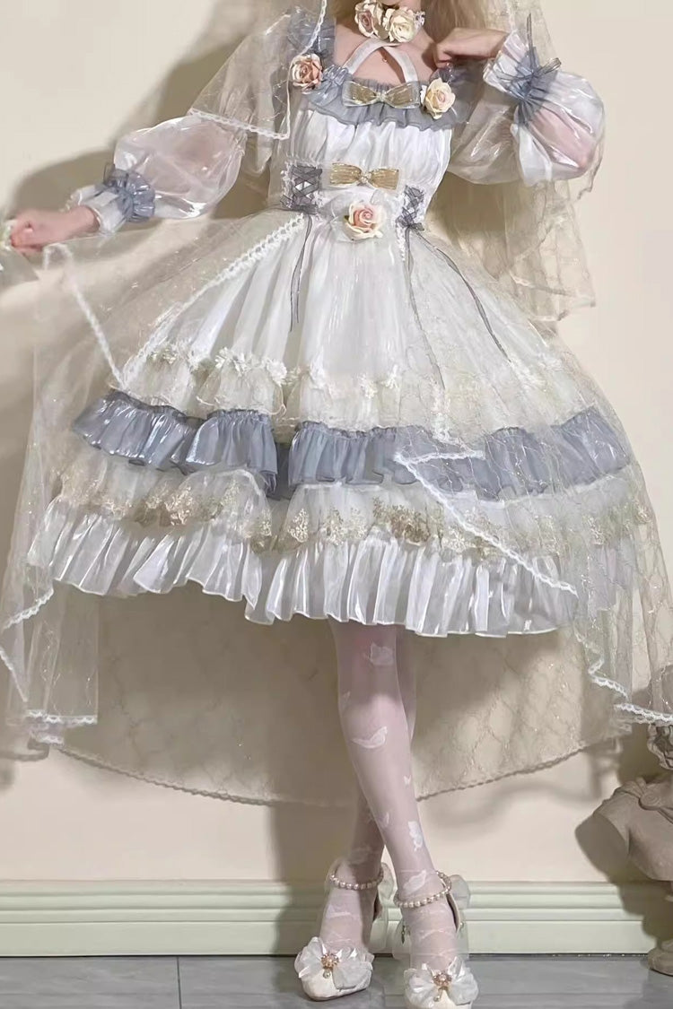 Princess Lolita Dress with Multi-Layer Ruffles, Bowknot, Lace-Up, Grey/Blue