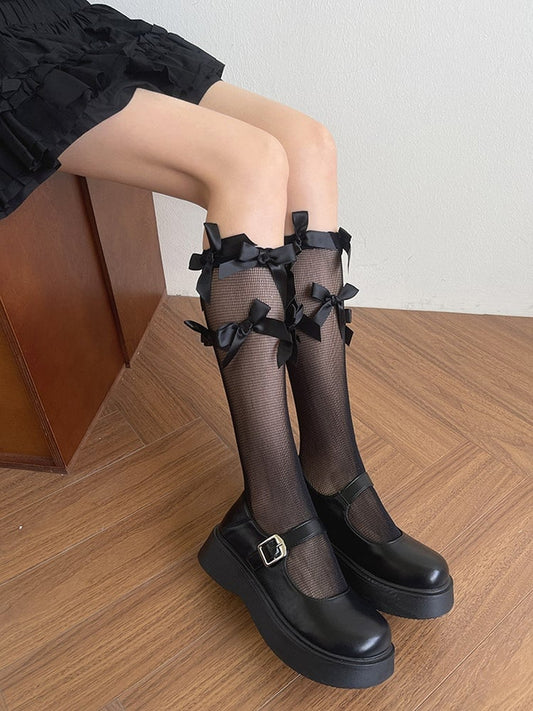 Stockings Underknee Details Bowknot Semi-sheer White/Black