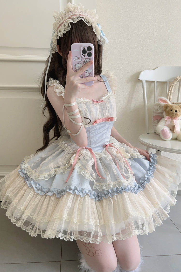 Flower Season Bow-Trim Lace Ballet Lolita Jumper Skirt in Four Colors