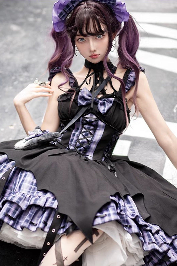Rock Radio Wave Gothic Lolita Asymmetric Grid Print Bowknot Dress 3 Colors
