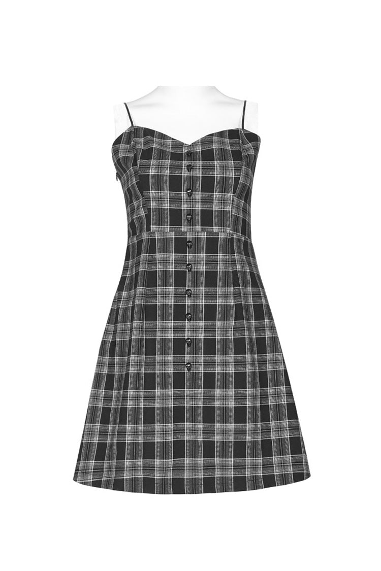 Monochrome Punk Suspender Dress with Plaid and Skull Studded Belt