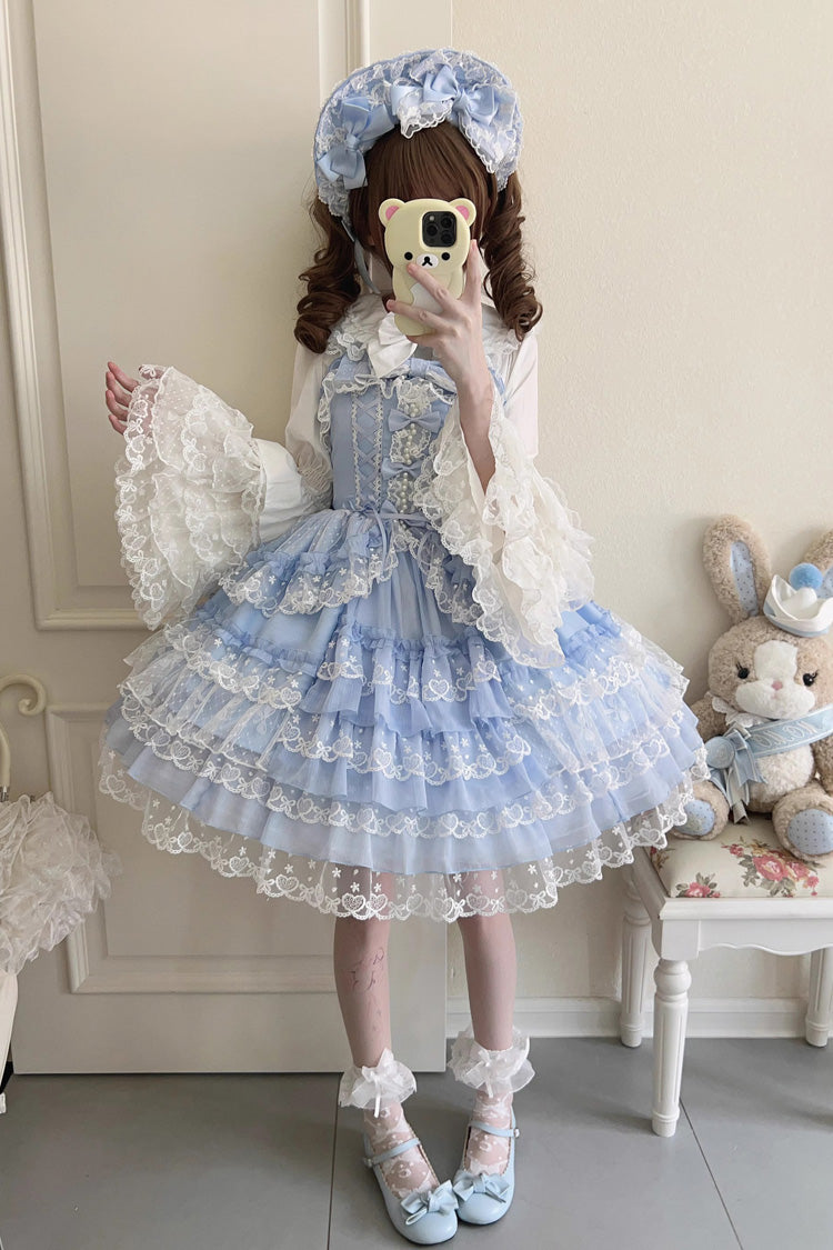 Blue Love Overture Multilayer Ruffled Bowknot Lace Sweet Lolita JSK