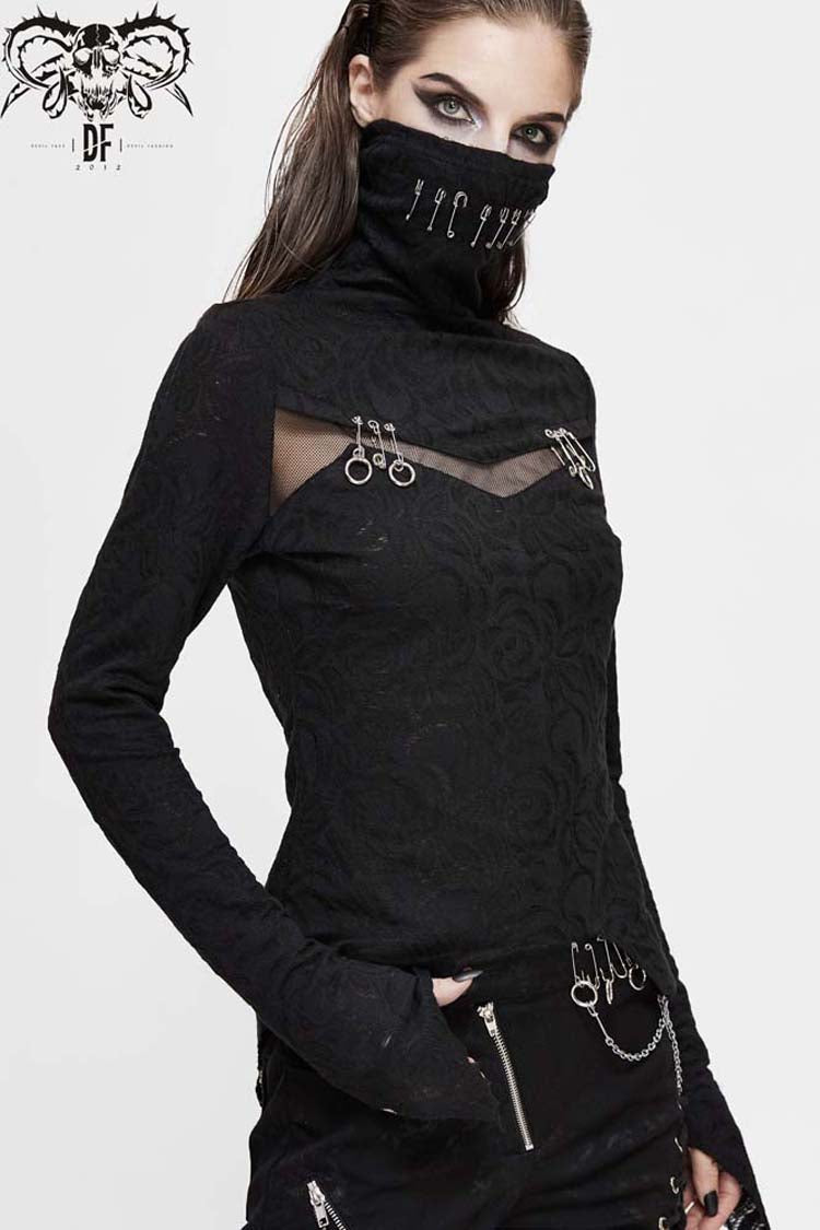 Punk Shirt with Mesh Chest Splice and Pin Decor
