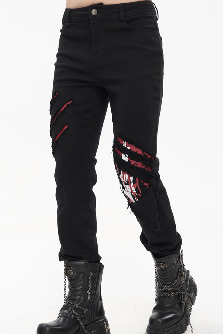 Ripped Leg-Bone Print Punk Trousers in Twill