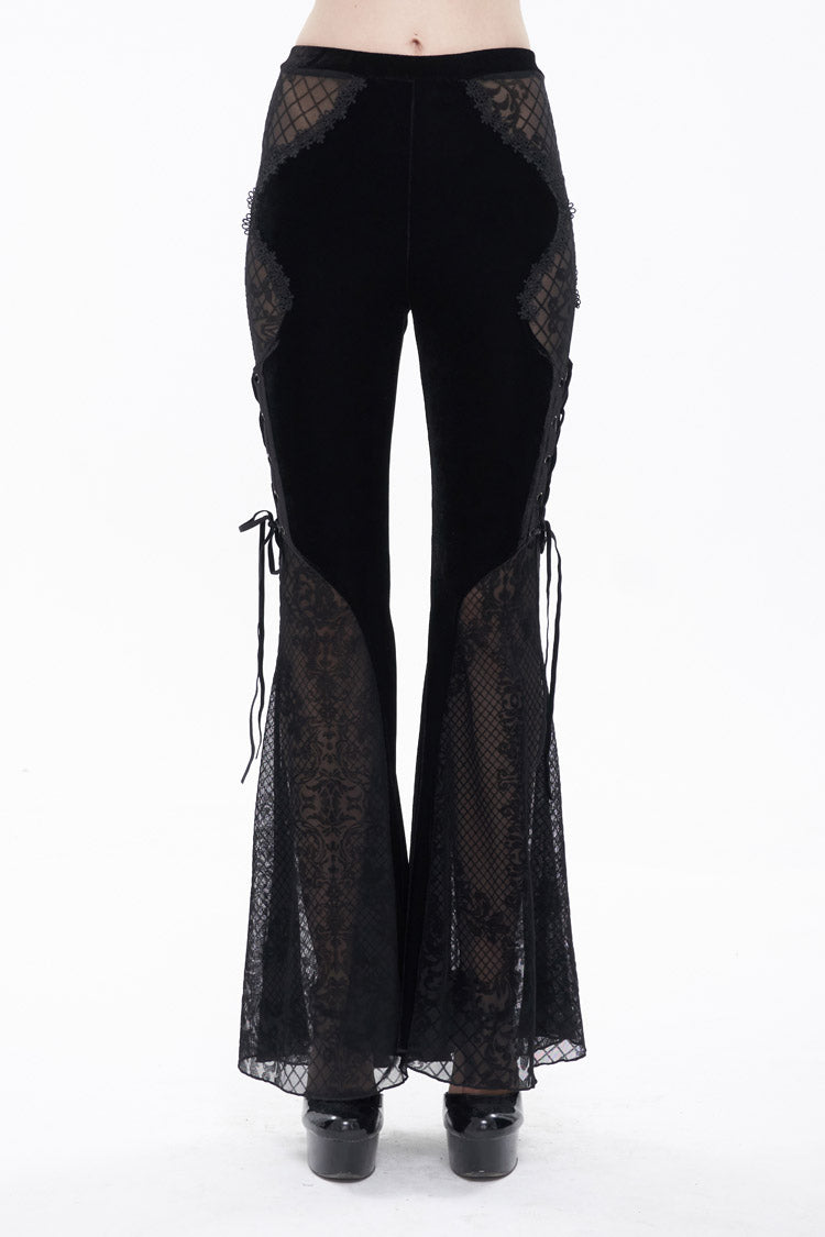 Velvet Jacquard Lace-Up Flared Gothic Trousers with Plaid Accents