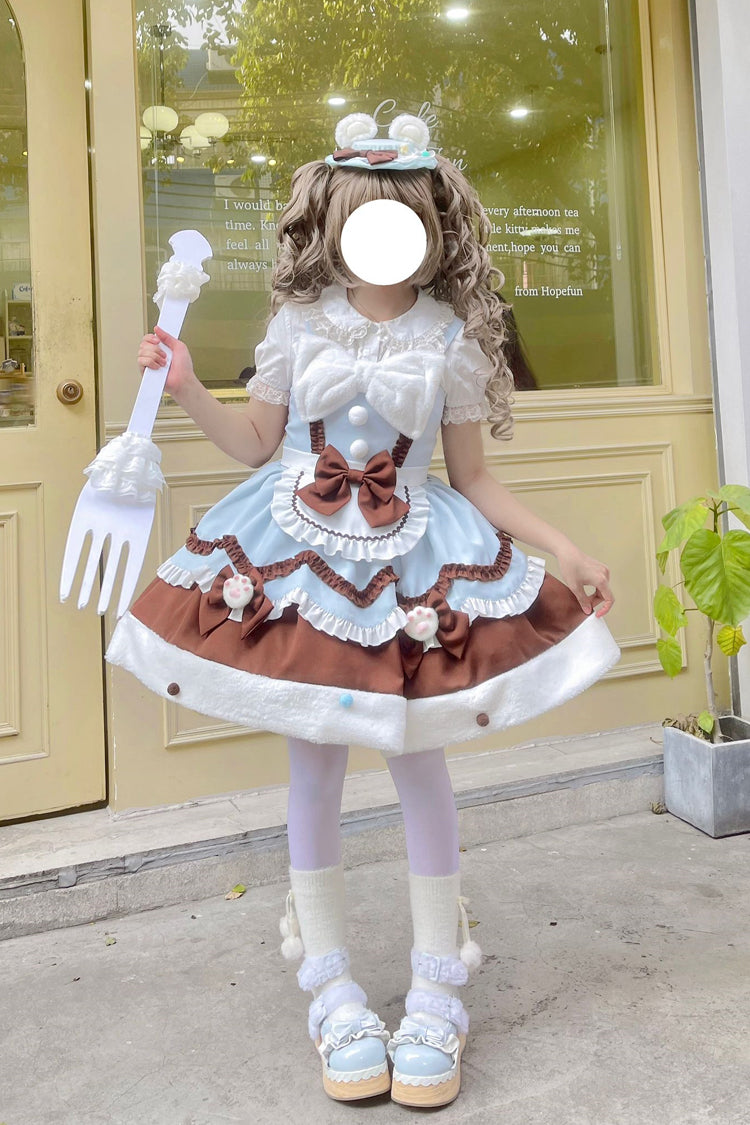 Cream Snow Cat Winter Ruffle Bowknot Sweet Lolita JSK