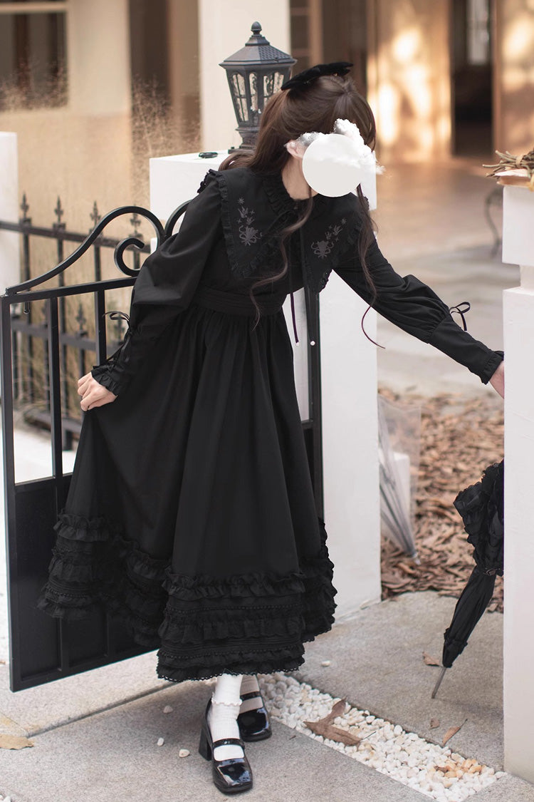 Noir Long Sleeve Ruffle Embroidered Bow Vintage Elegant Dress - Wind Kissed Tulips