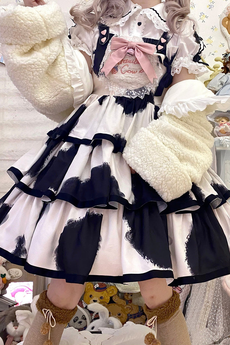Black Sleeveless Triple Layer Cow Print Ruffle Bow Sweet Jsk