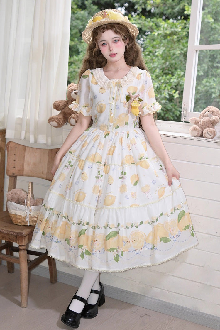 Print Ruffled Bow Lace Daily Sweet Lolita Dress - White Lemon Chicken