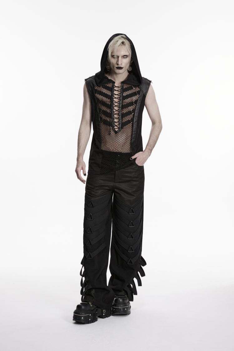 Noir Punk Vest with Hood and Lace-Up Front