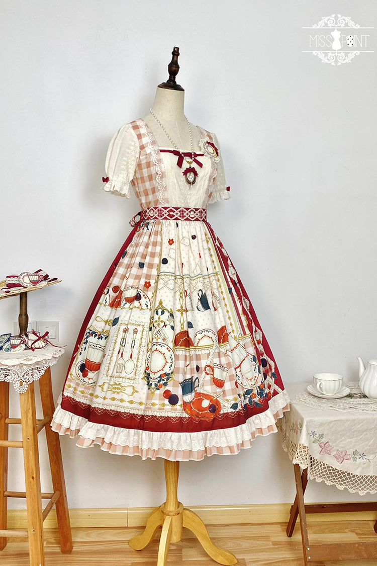 Crimson Tea Party Short Sleeve Printed Ruffled Bow Lace Sweet Elegant Lolita Gown