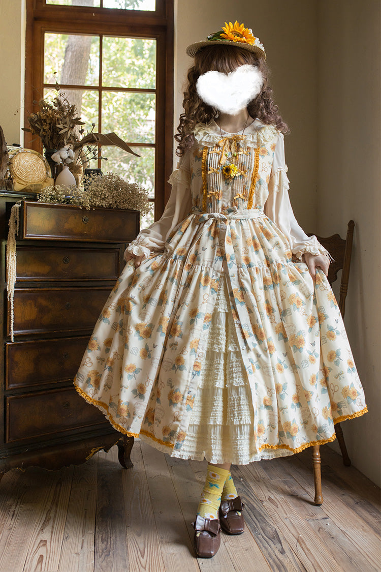 Apricot Sunflower Sleeveless Floral Bow Elegant Jsk Dress