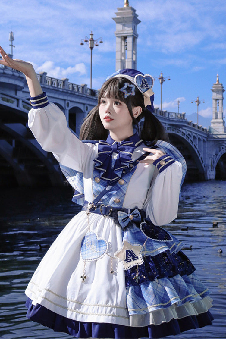 White Blue Starlight Academy Style Long Sleeves Printed Ruffled Spliced Asymmetric Faux Two-Piece Sweet Dress