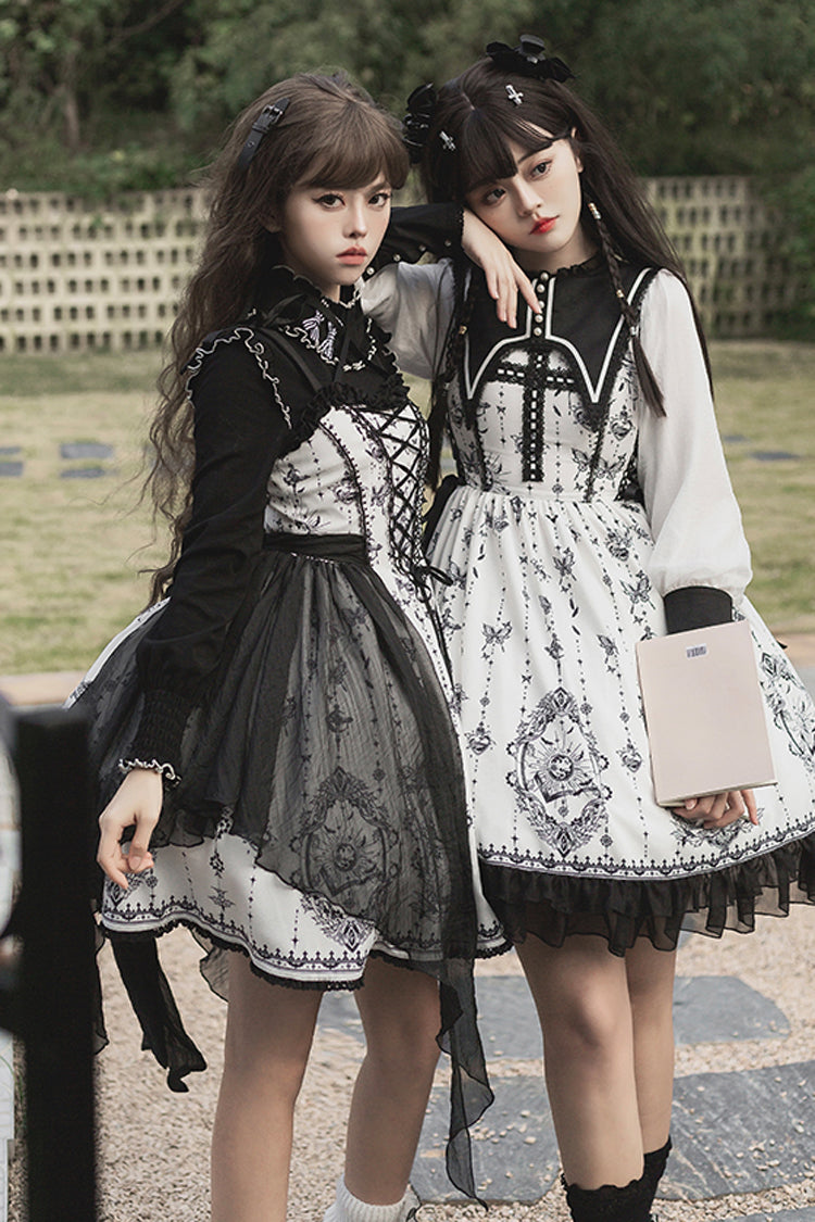 Black and White Sleeveless Gothic JSK Dress with Butterfly Print